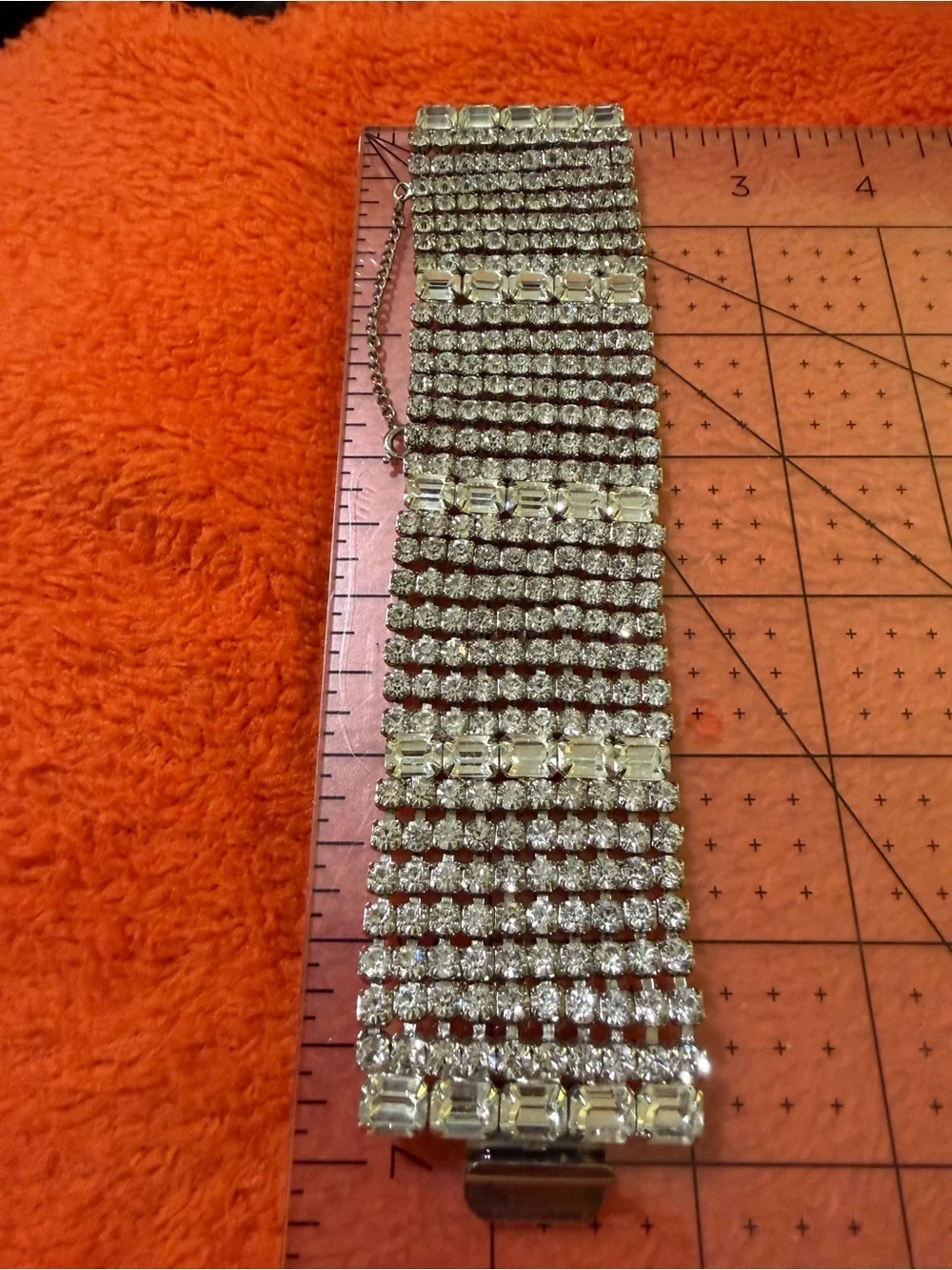Vintage Rhinestone Wide Cuff Bracelet Clear Crystal Emerald Cut Safety Chain